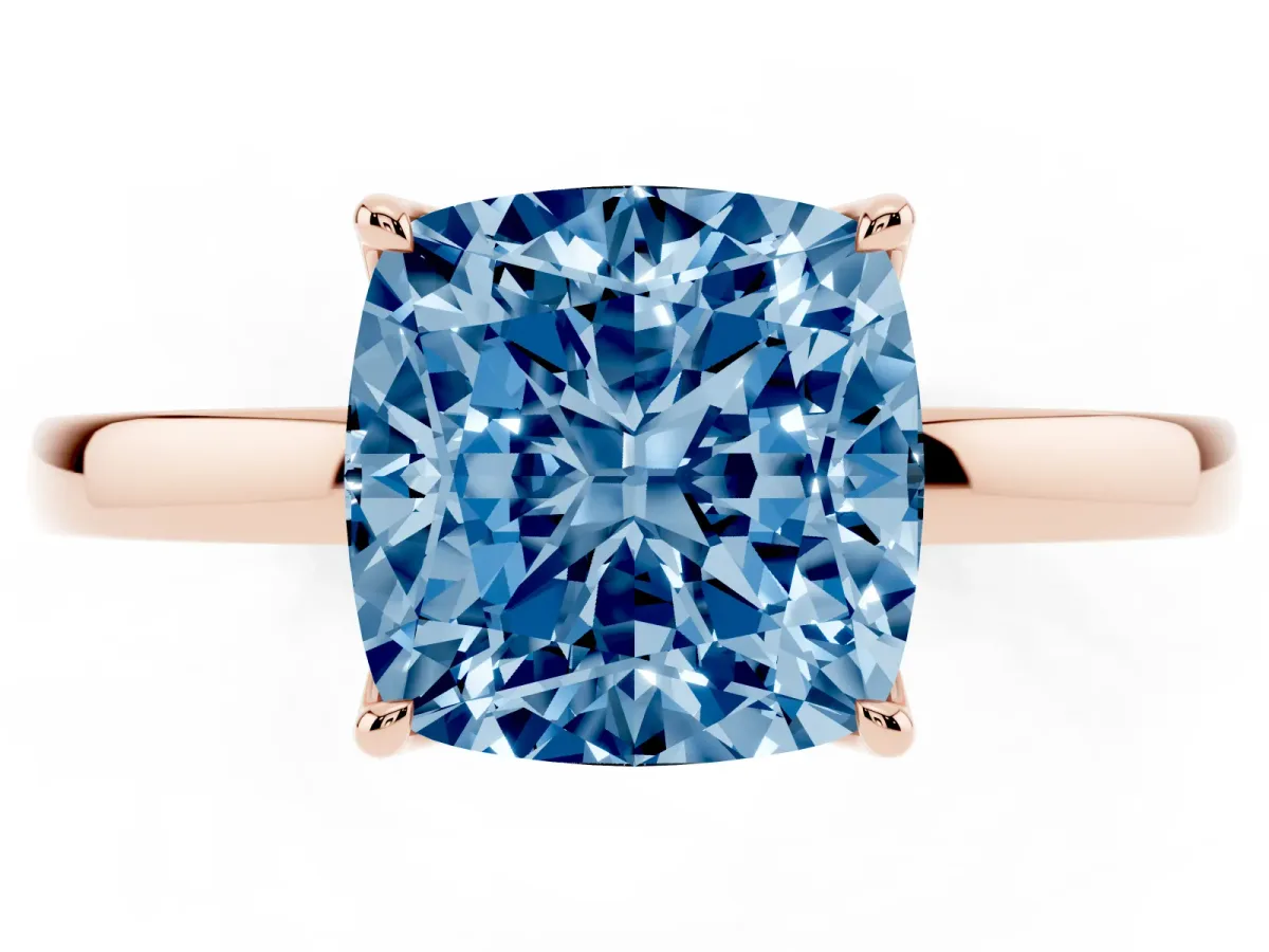 Fancy Blue Cushion Cut Diamond Solitaire Ring with Thin Band and Prong Setting Rose gold