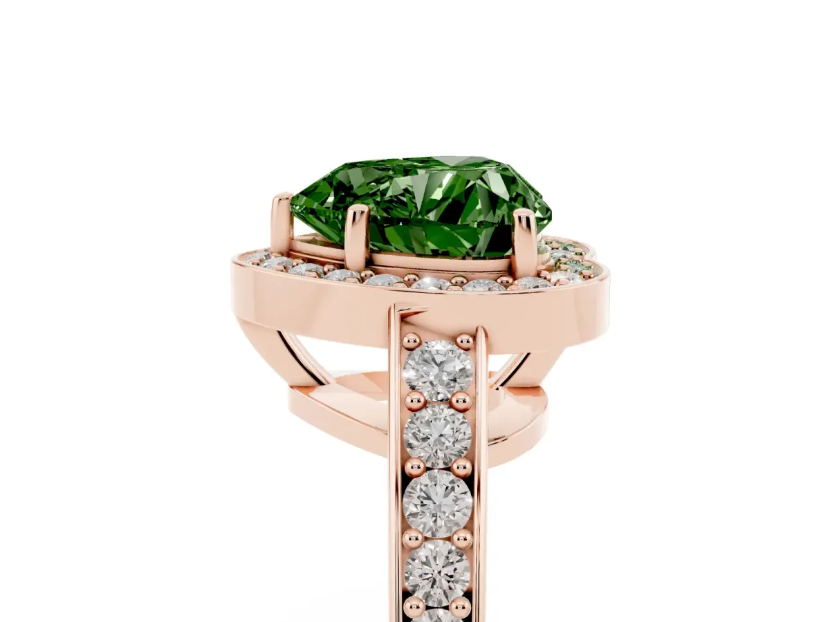 Fancy Green Heart Cut Halo Pavé Diamond Engagement Ring with Bezel Setting Rose gold