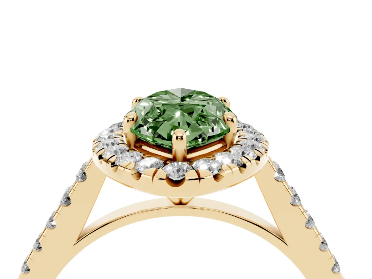 Fancy Green Marquise Cut Halo Pave Diamond Engagement Ring with Four-Prong Setting Yellow gold