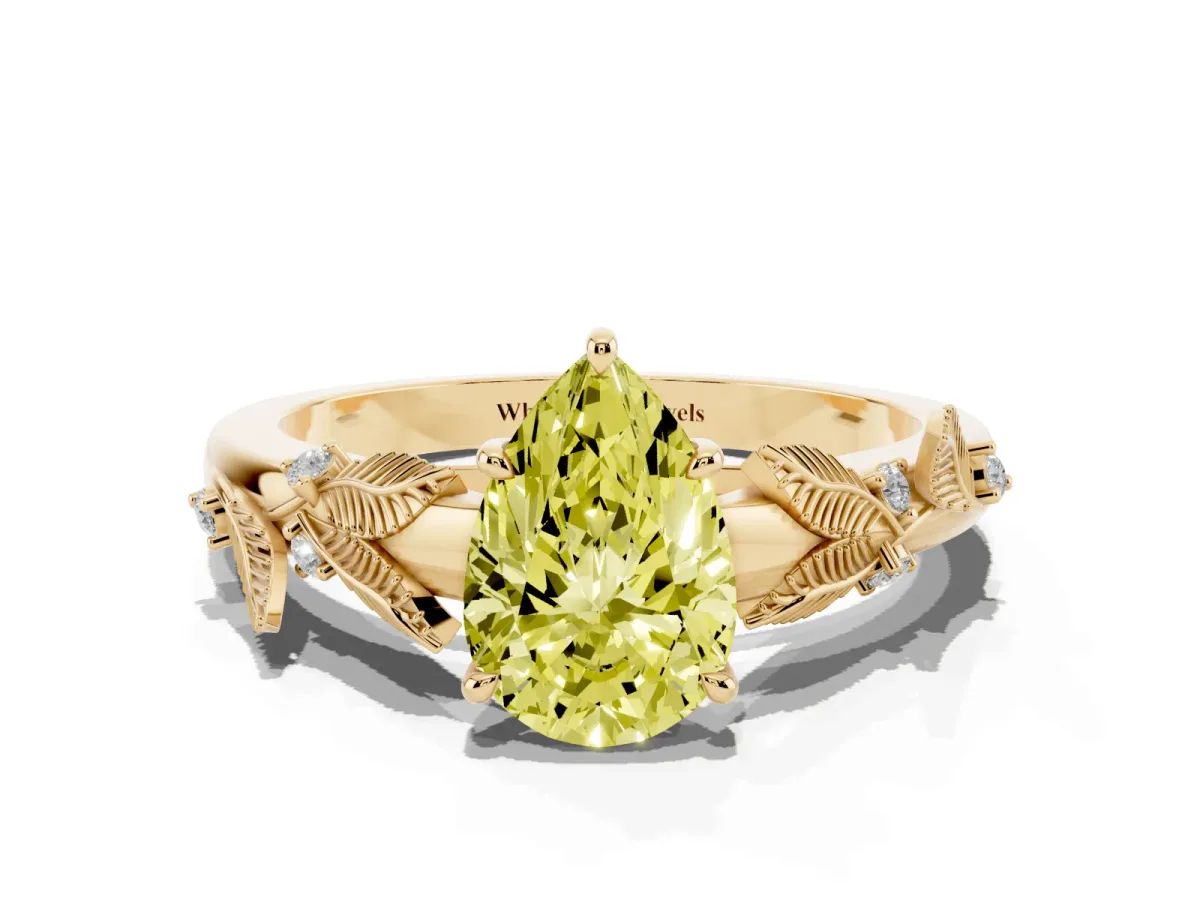Fancy Yellow Pear Cut Diamond Solitaire Ring with Leaf Motif Band and Four-Prong Setting Yellow gold