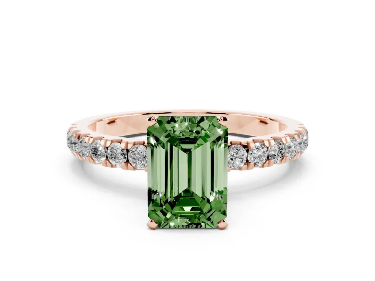 Fancy Green Emerald Cut Diamond Solitaire Ring with Pavé Accents and Four-Prong Setting Rose gold