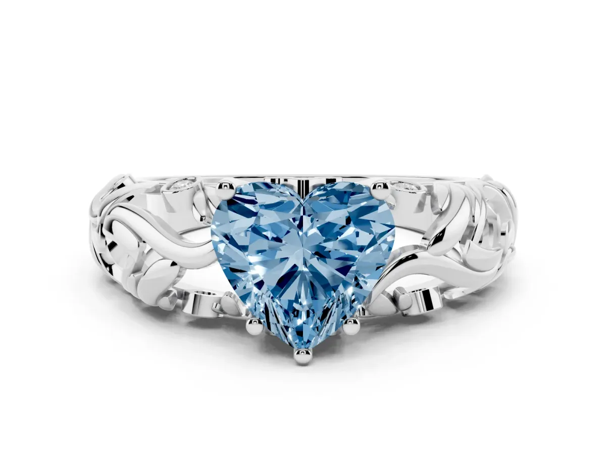 Fancy Blue Heart Cut Solitaire Diamond Leaf-Inspired Vine Band Ring with Prong Setting White gold