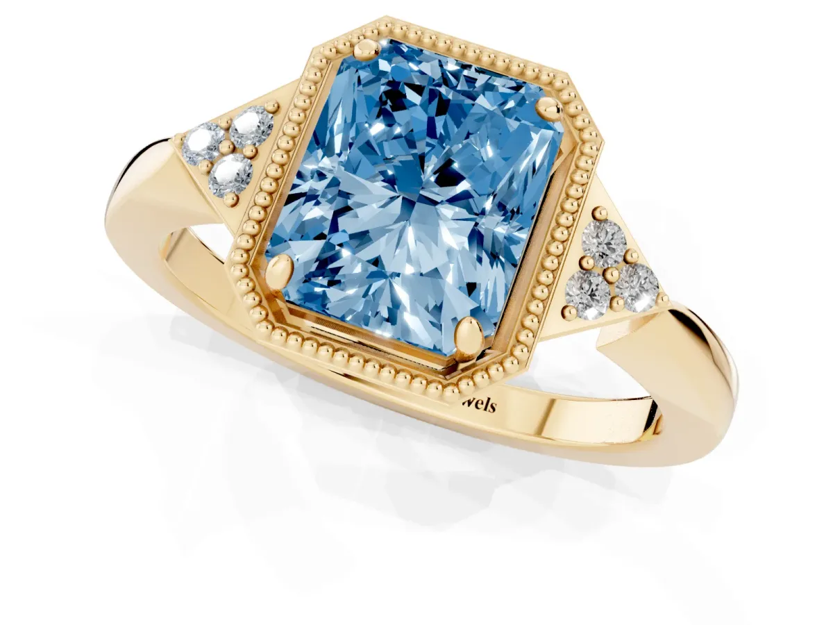 Fancy Blue Hexagonal Halo Radiant Cut Diamond Solitaire with Pavé Band and Four-Prong Setting Yellow gold
