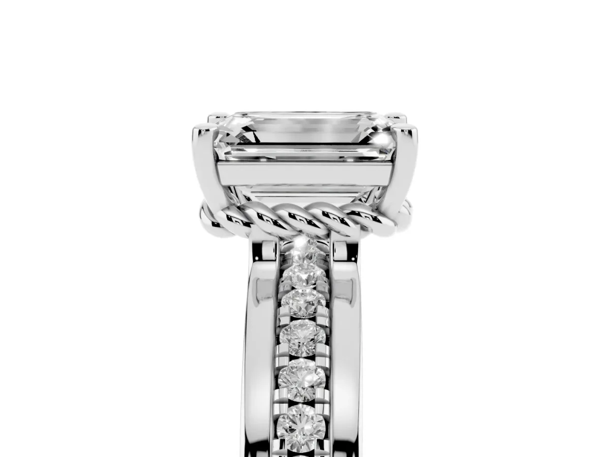 Emerald Cut Solitaire Diamond Ring with Channel Set Band and Six-Prong Setting Silver