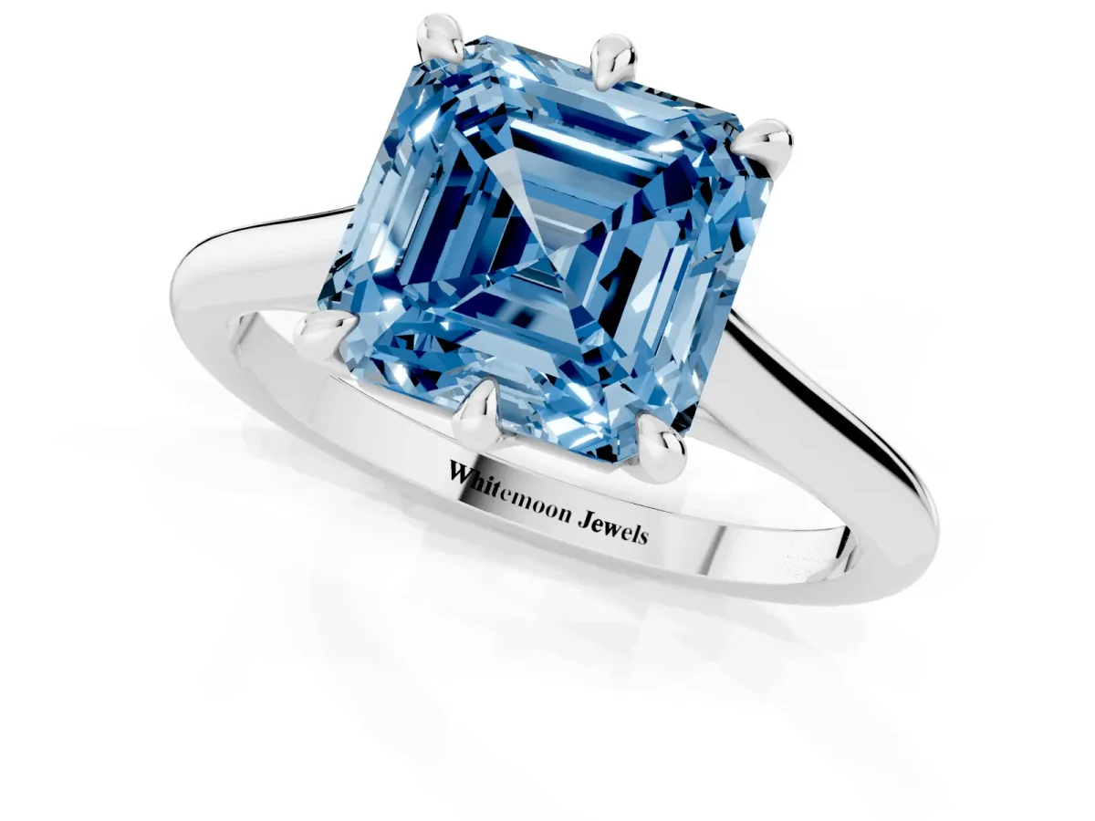 Fancy Blue Asscher Cut Solitaire Engagement Ring with Six-Prong Setting and Classic Band Silver