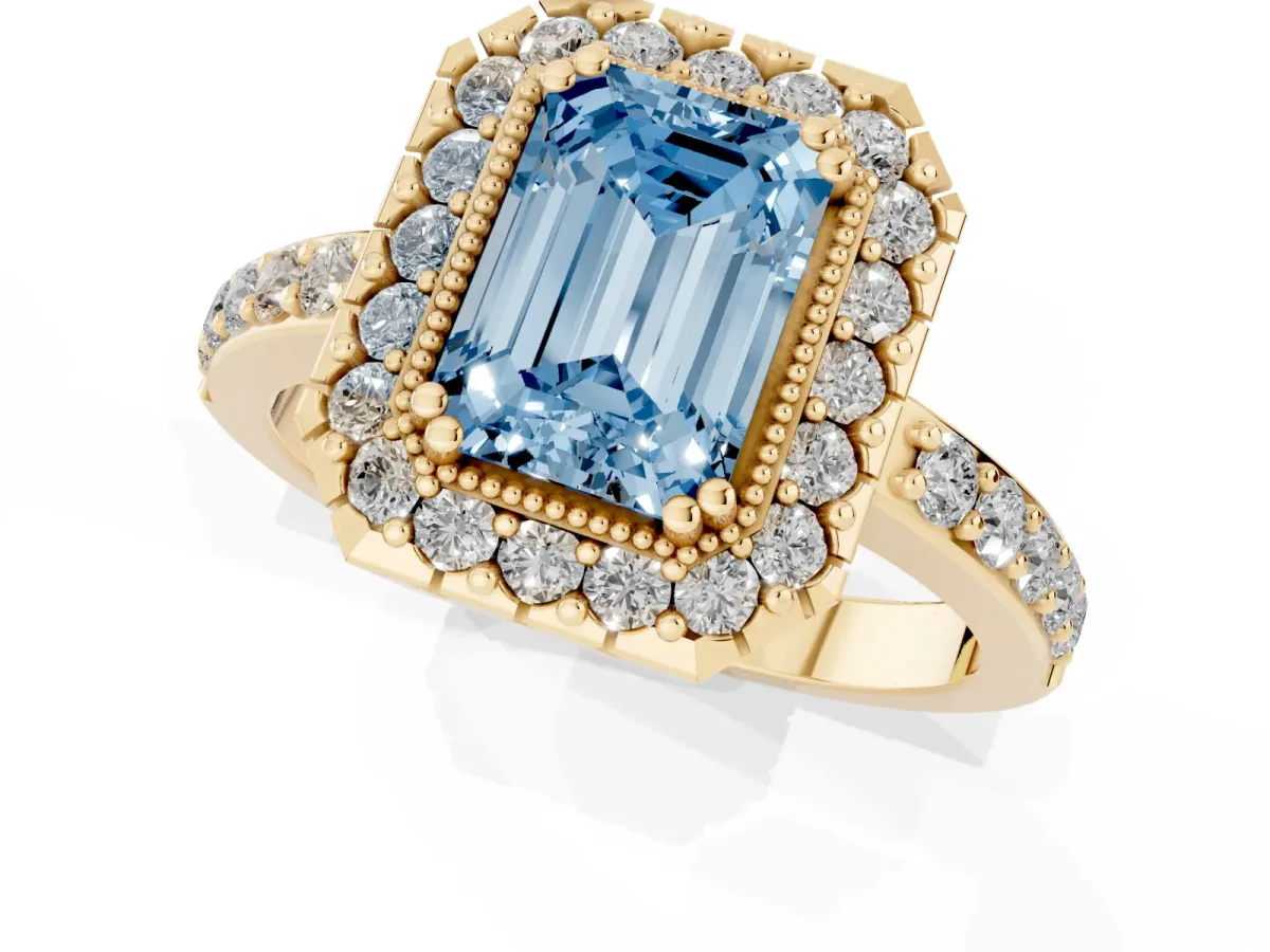 Fancy Blue Emerald Cut Diamond Halo Ring with Pavé Band and Prong Setting Yellow gold
