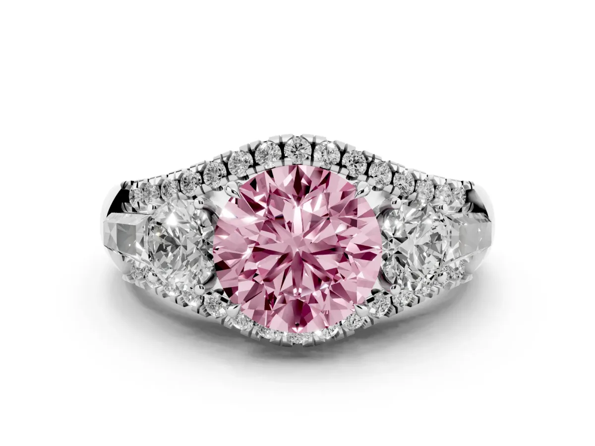 Fancy Pink Three-Stone Round Cut Diamond Engagement Ring with Pave Band and Prong Setting Silver