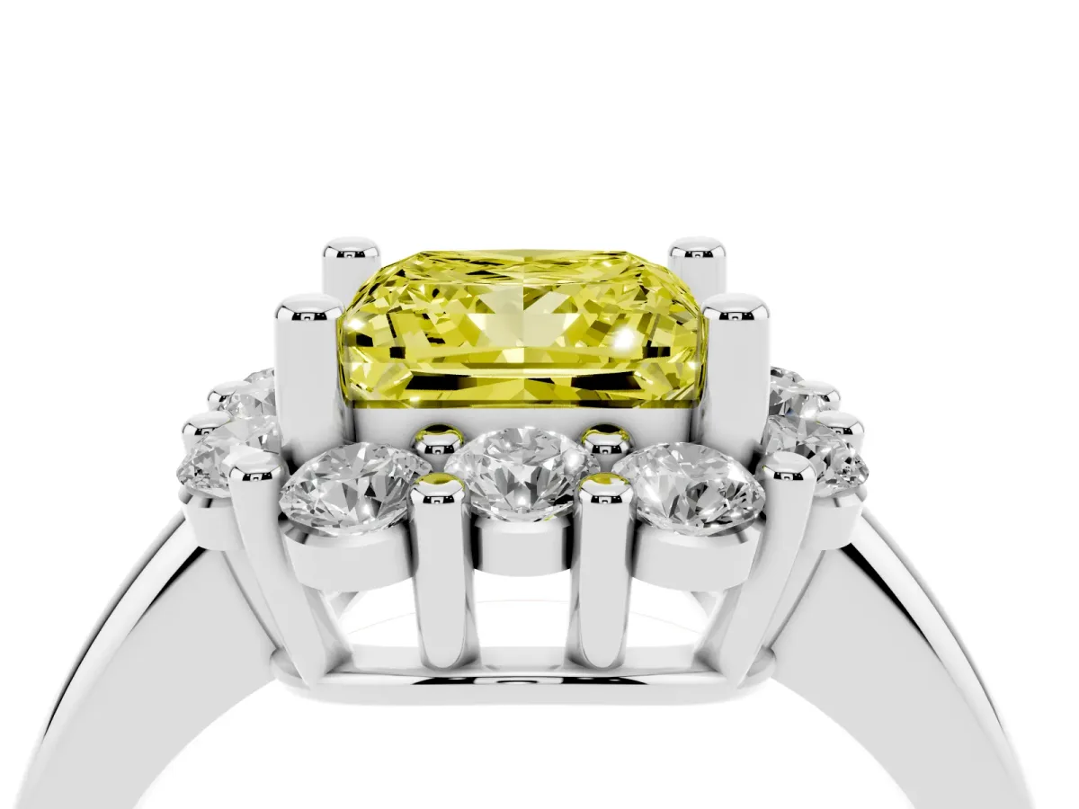 Fancy Yellow Princess Cut Halo Cluster Diamond Engagement Ring with Prong Setting and Polished Band Platinum