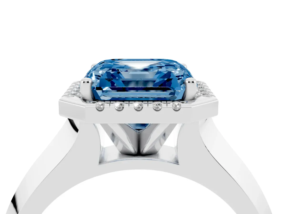 Fancy Blue Asscher Cut Halo Diamond Ring with Cathedral Band and Four-Prong Setting Platinum