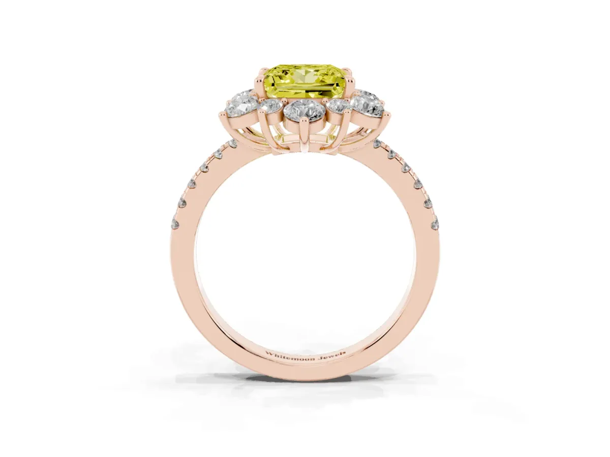 Fancy Yellow Princess Cut Diamond Floral Halo Ring with Round Pavé Band and Prong Setting Rose gold