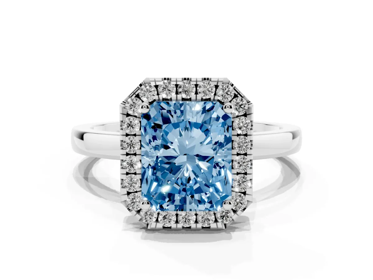 Fancy Blue Radiant Cut Halo Diamond Solitaire with Pavé Band and Four-Prong Setting White gold