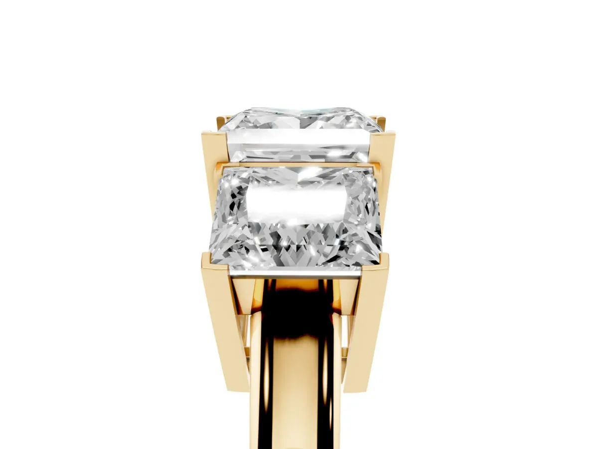 Three-Stone Princess Cut Cut Diamond Ring with Channel Set Band and Four-Prong Setting Yellow gold