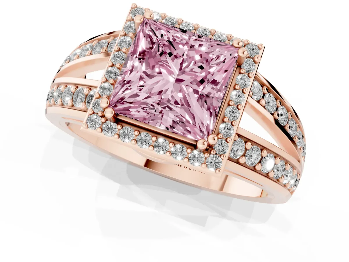 Fancy Pink Princess Cut Diamond Halo Ring with Split Shank Pavé Band and Four-Prong Setting Rose gold