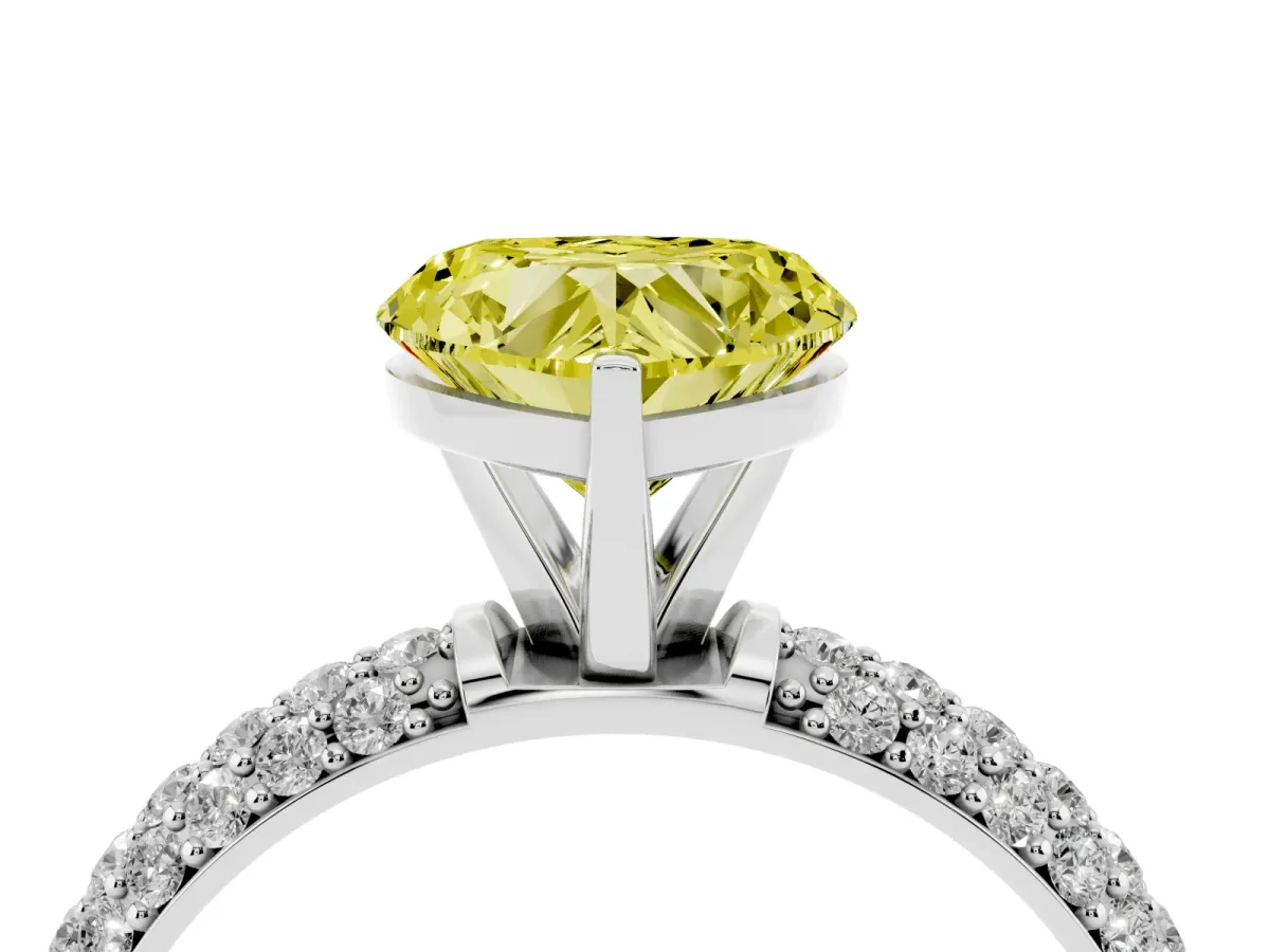 Fancy Yellow Heart Cut Diamond Solitaire Ring with Prong Setting and Pavé Band Silver