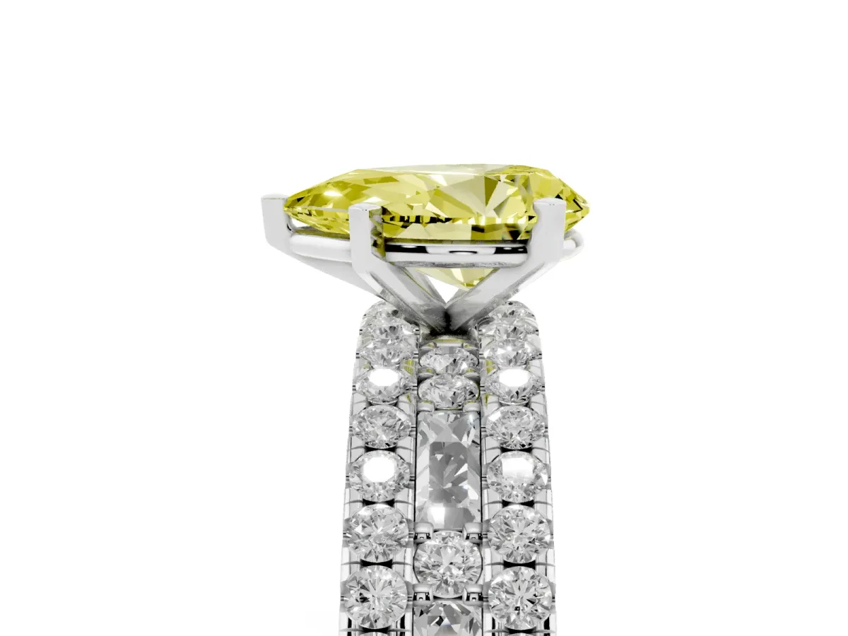 Fancy Yellow Pear Cut Diamond Solitaire Ring with Pavé and Channel Set Band Silver