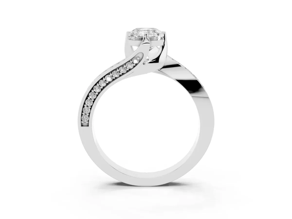 Emerald Cut Solitaire Diamond Twist Band with Pavé Setting and Four-Prong Setting Silver