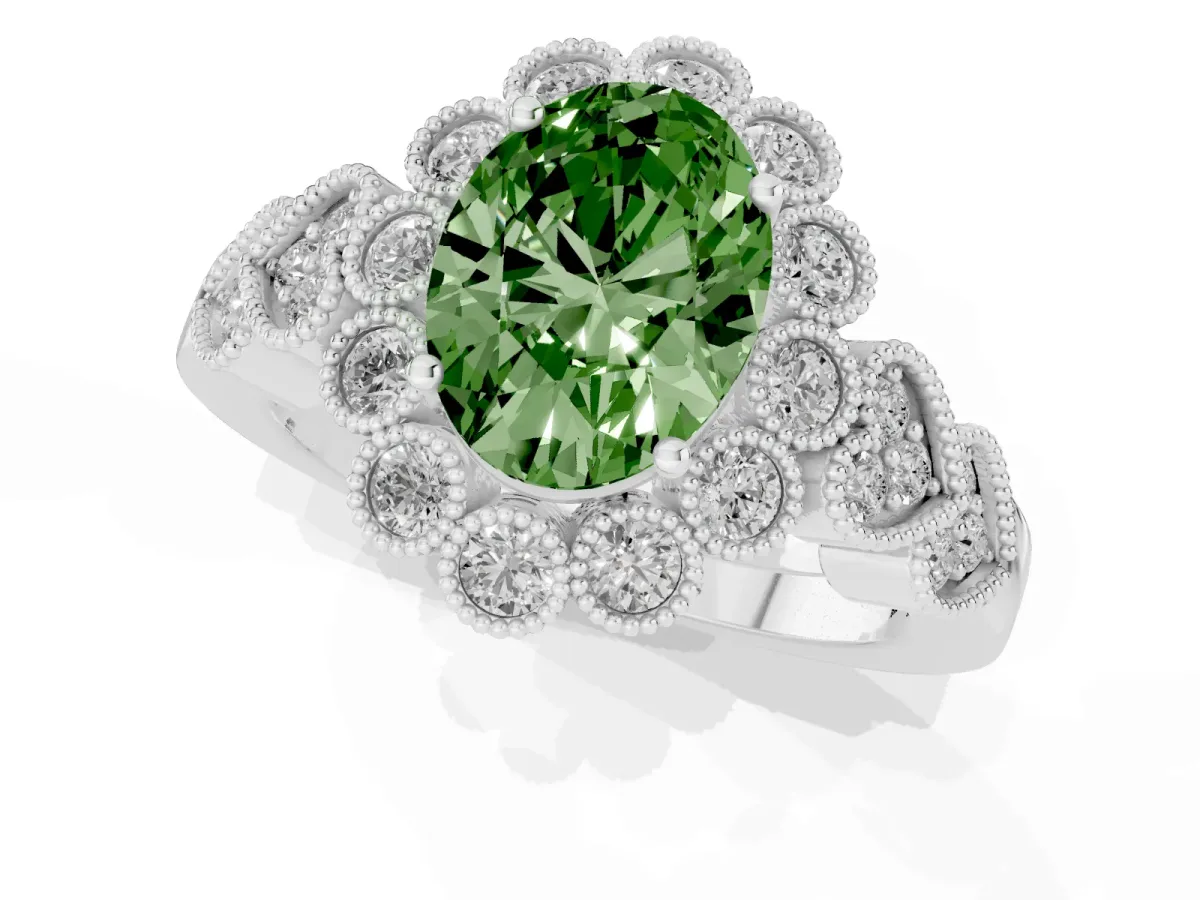 Fancy Green Oval Cut Brilliant Milgrain Pave Heart Band Solitaire Ring White gold