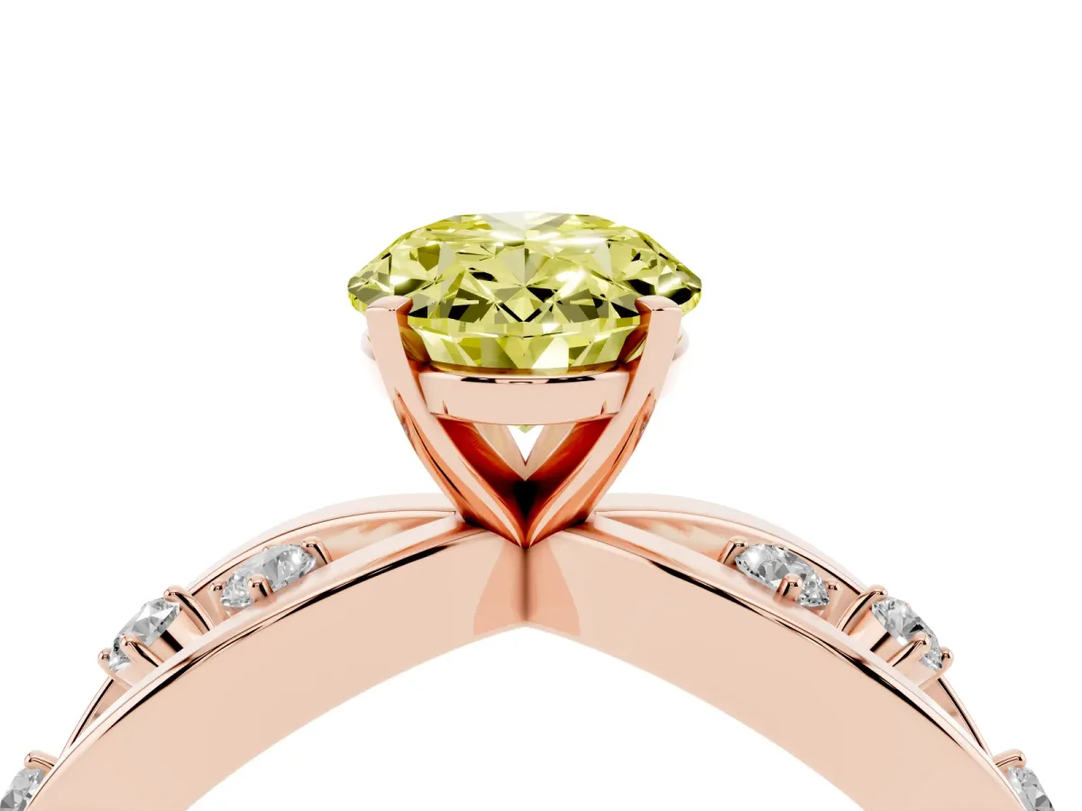 Fancy Yellow Oval Cut Cut Solitaire Diamond with Side Stones on Criss-Cross Band and Four-Prong Setting Rose gold