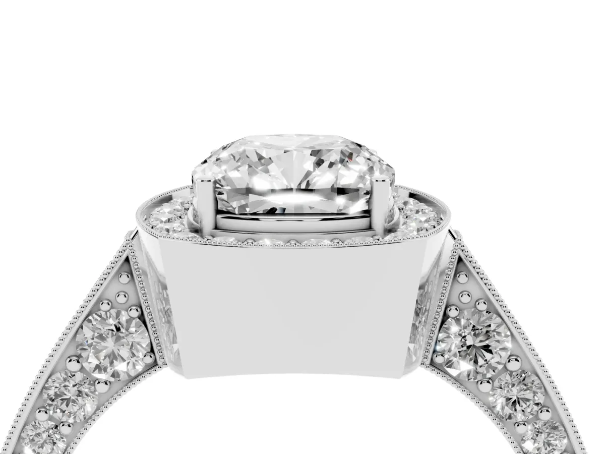 Cushion Cut Halo Diamond Engagement Ring with Split Shank Band and Four-Prong Setting Silver