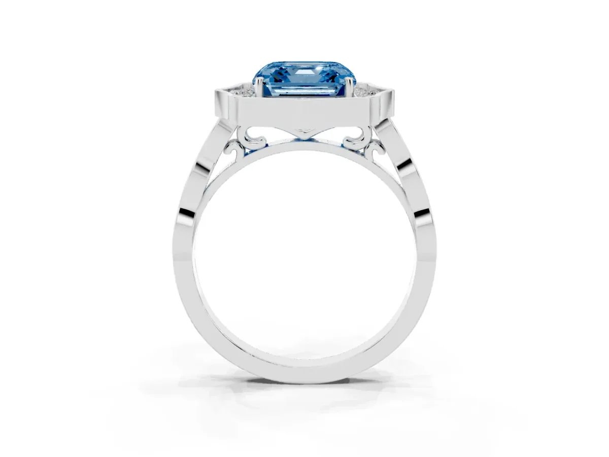 Fancy Blue Asscher Cut Halo Diamond Engagement Ring with Milgrain Band and Four-Prong Setting Platinum