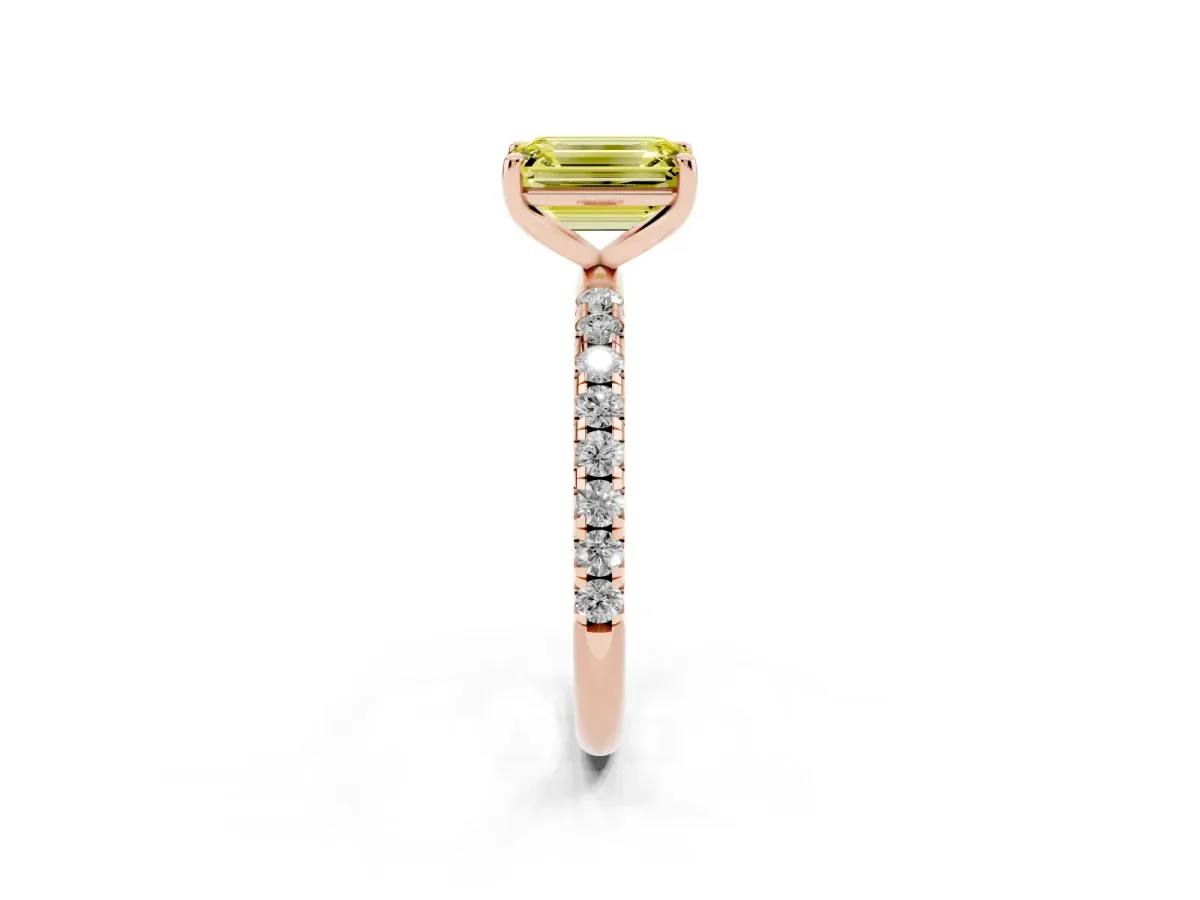 Fancy Yellow Emerald Cut Cut Diamond Solitaire Ring with Micro Pave Band and Four Prong Setting Rose gold