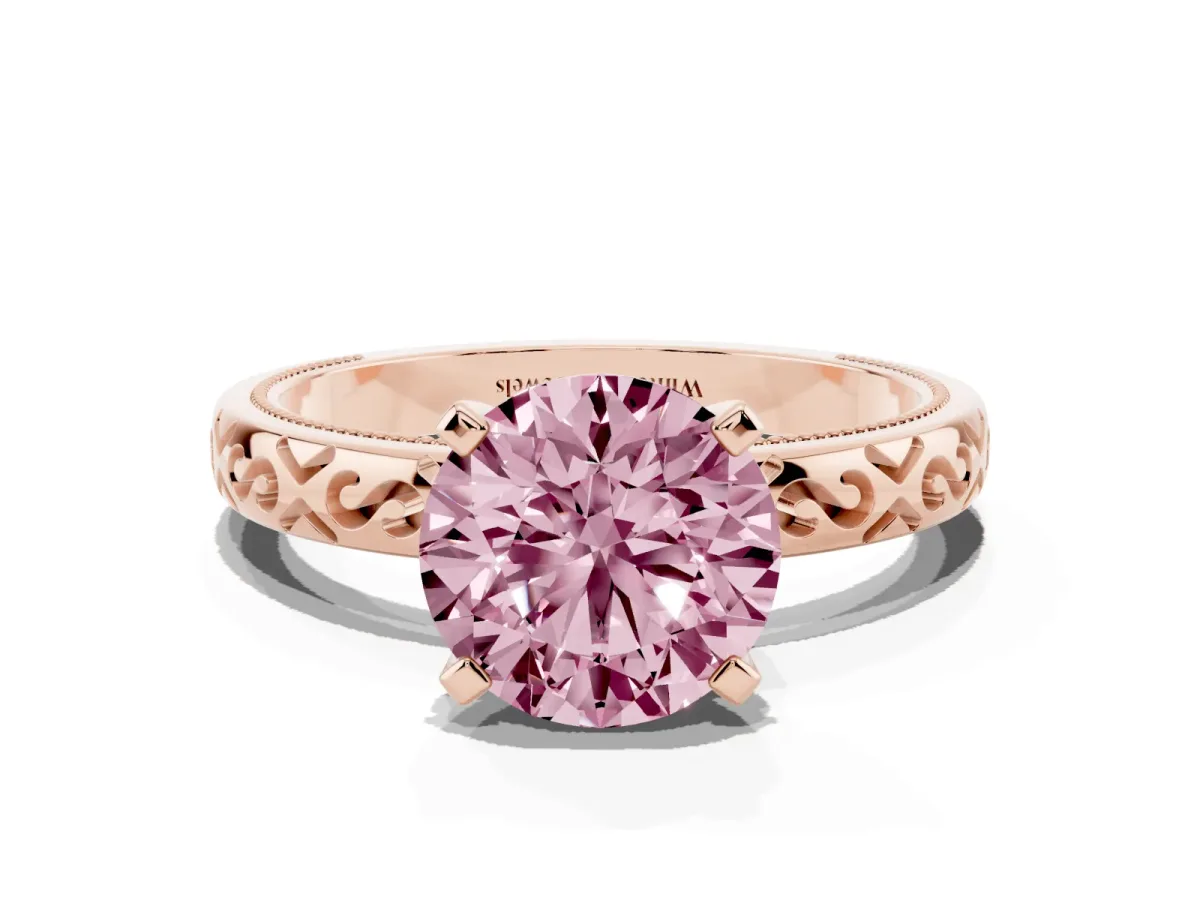 Fancy Pink Round Cut Solitaire Engagement Ring with Scrollwork Band and Four-Prong Setting Rose gold