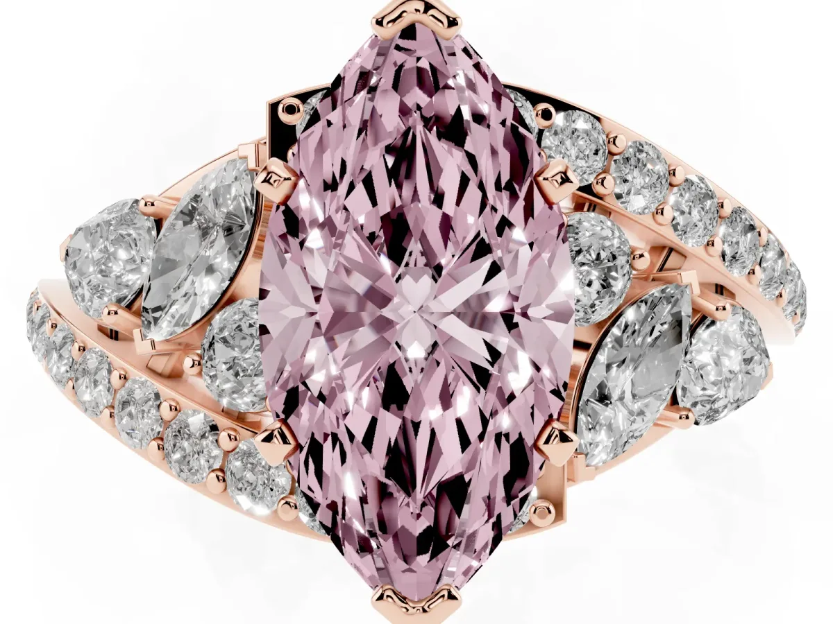 Fancy Pink Marquise Cut Diamond Halo Ring with Marquise and Pavé Band in Prong Setting Rose gold