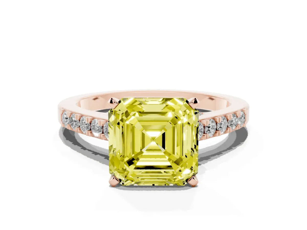 Fancy Yellow Asscher Cut Diamond Solitaire Ring with Crossover Gallery and Round Pavé Band Rose gold