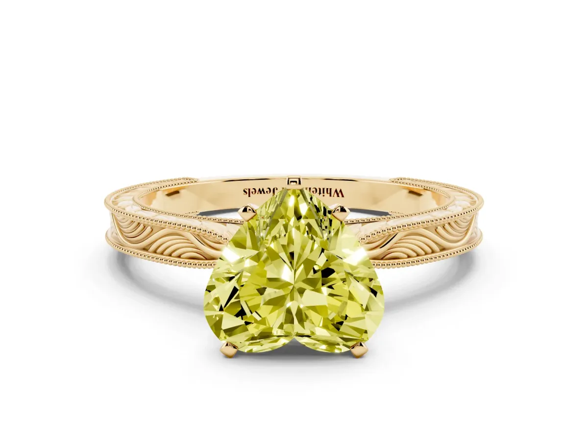 Fancy Yellow Heart Cut Solitaire Milgrain Engraved Band with Four-Prong Setting Yellow gold