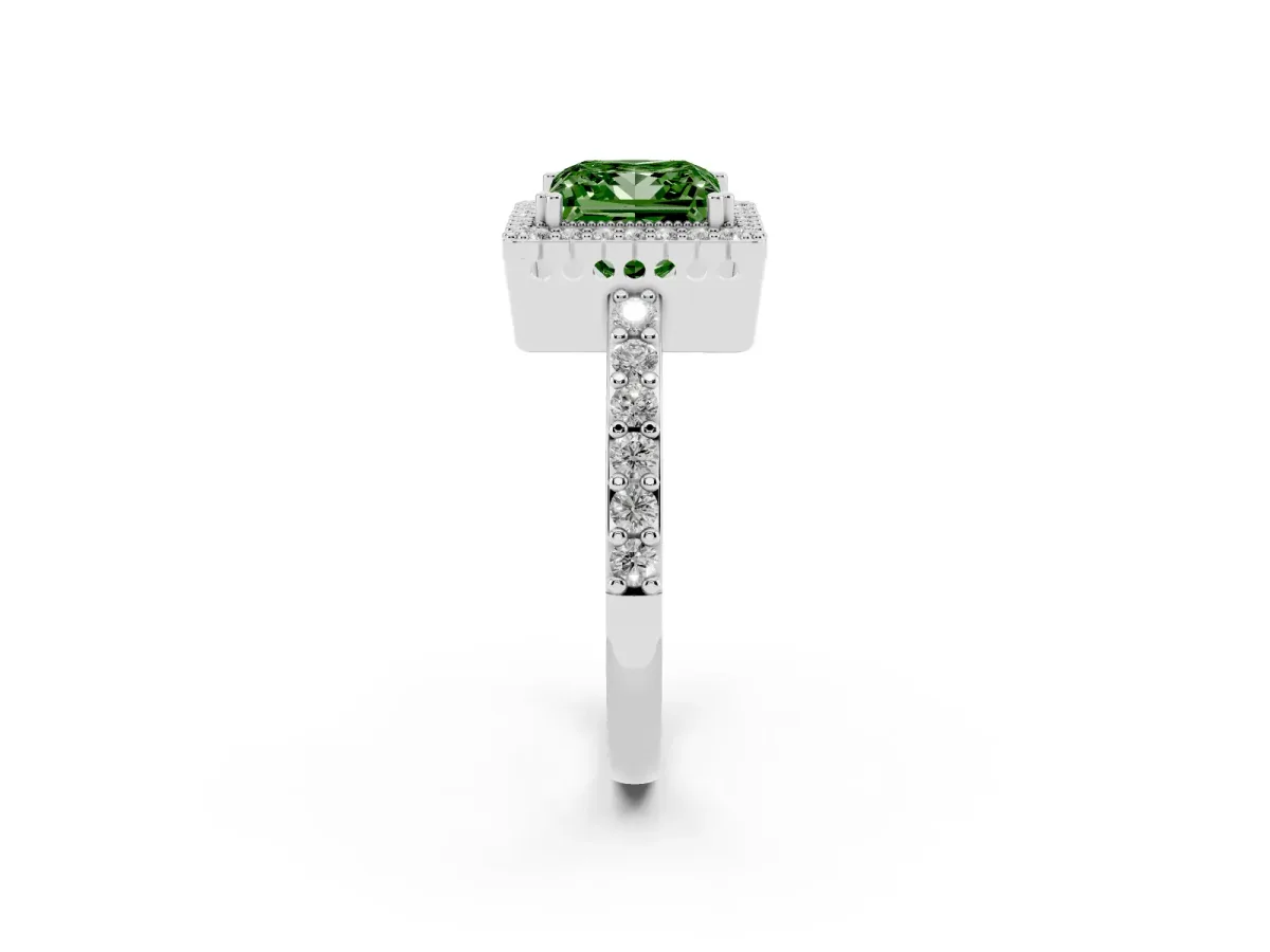 Fancy Green Princess Cut Cut Diamond Halo Engagement Ring with Milgrain Detail and Pavé Band Platinum