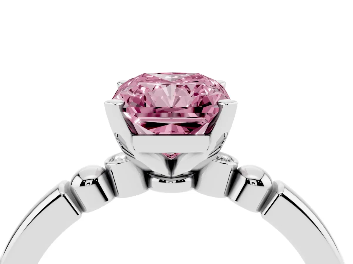 Fancy Pink Radiant Cut Solitaire Beaded Band with Four-Prong Setting Silver