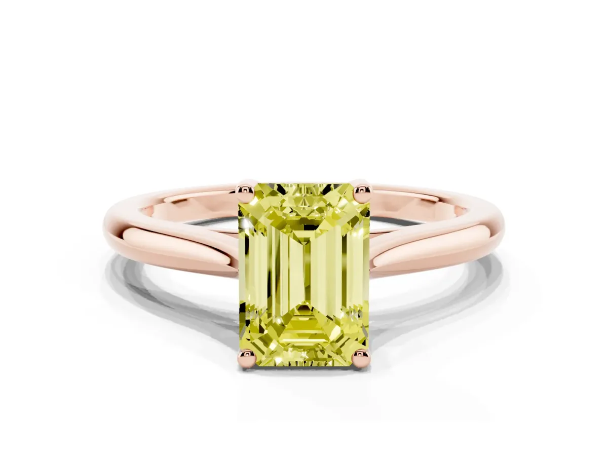 Fancy Yellow Emerald Cut Cut Solitaire Ring with Cathedral Band and Four-Prong Setting Rose gold