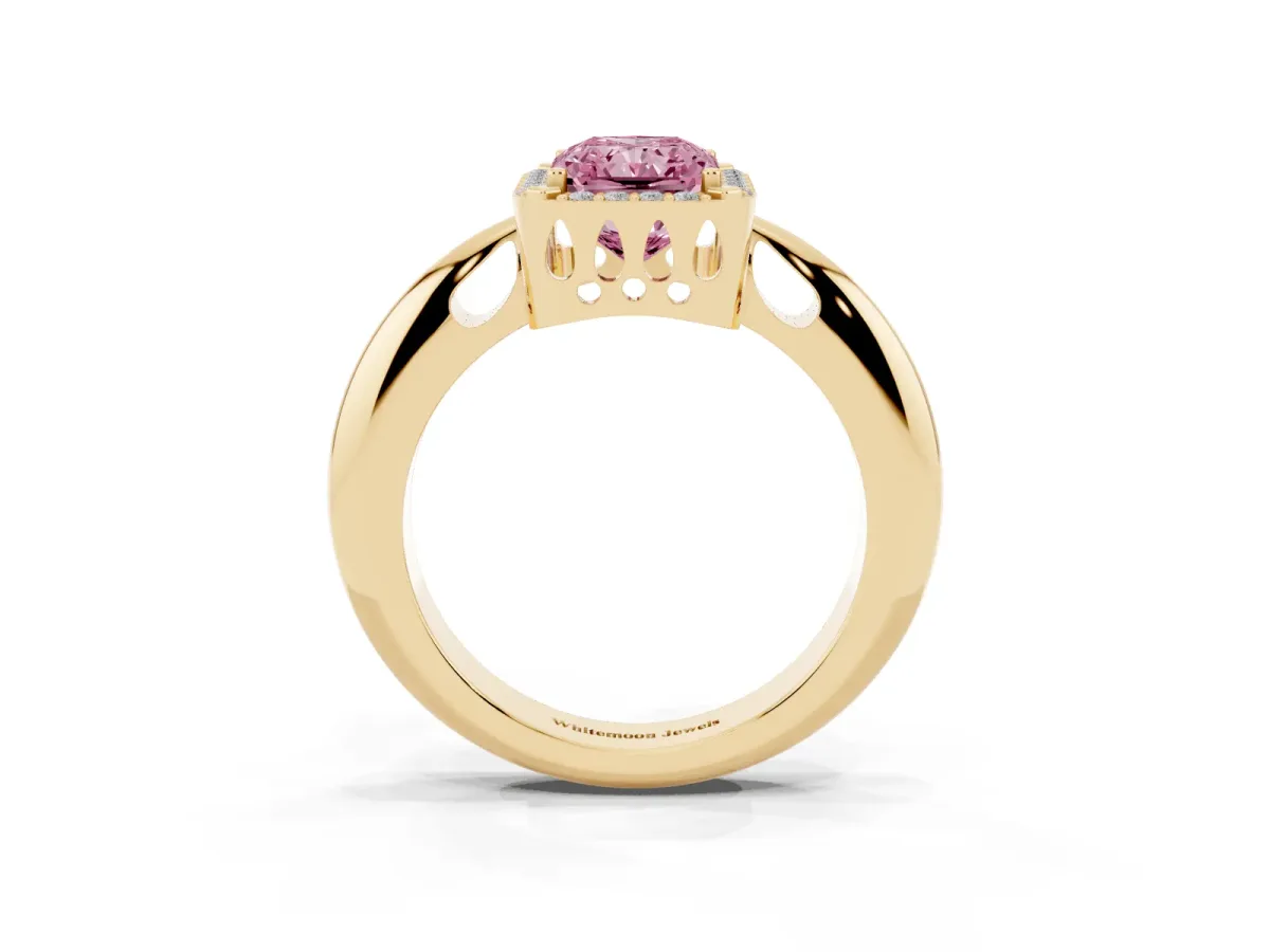 Fancy Pink Radiant Cut Cut Diamond Halo Engagement Ring with Split Shank and Four-Prong Setting Yellow gold