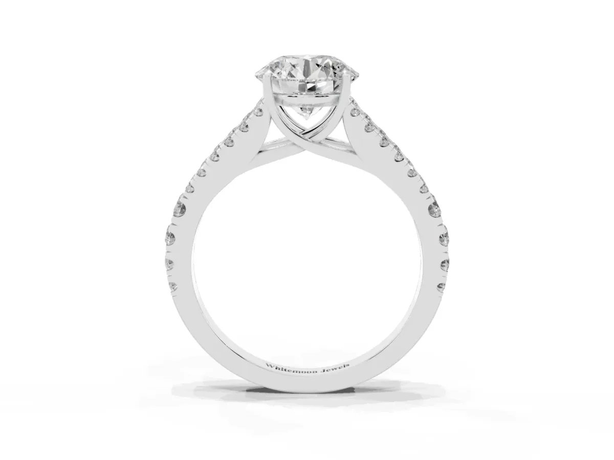Round Cut Diamond Split Shank Pavé Engagement Ring with Four-Prong Setting Platinum