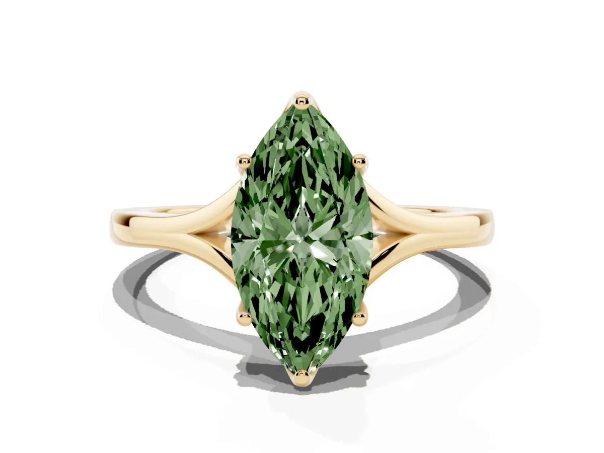 Fancy Green Marquise Cut Solitaire Diamond Ring with Six-Prong Setting and Tapered Band Yellow gold