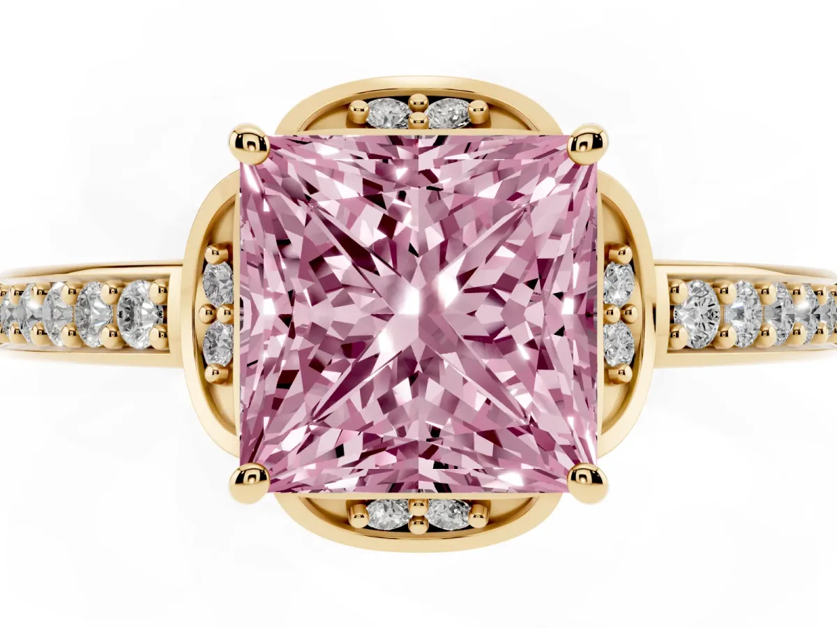 Fancy Pink Princess Cut Cut Halo Diamond Ring with Channel Set Band and Four-Prong Setting Yellow gold