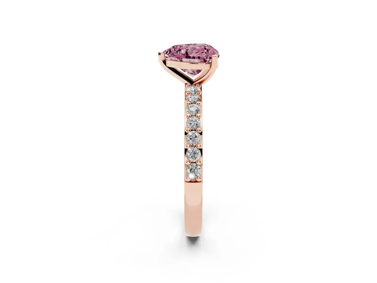 Fancy Pink Heart Cut Cut Diamond Solitaire with Pave Band and Four-Prong Setting Rose gold