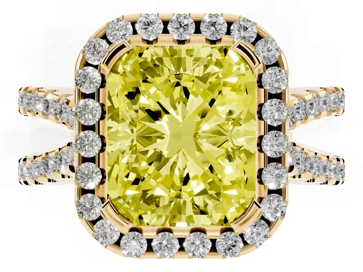 Fancy Yellow Radiant Cut Diamond Halo Ring with Split Shank Pavé Band and Prong Setting Yellow gold