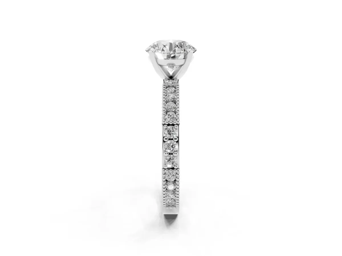 Round Cut Solitaire with Pavé Band and Four-Prong Setting Silver