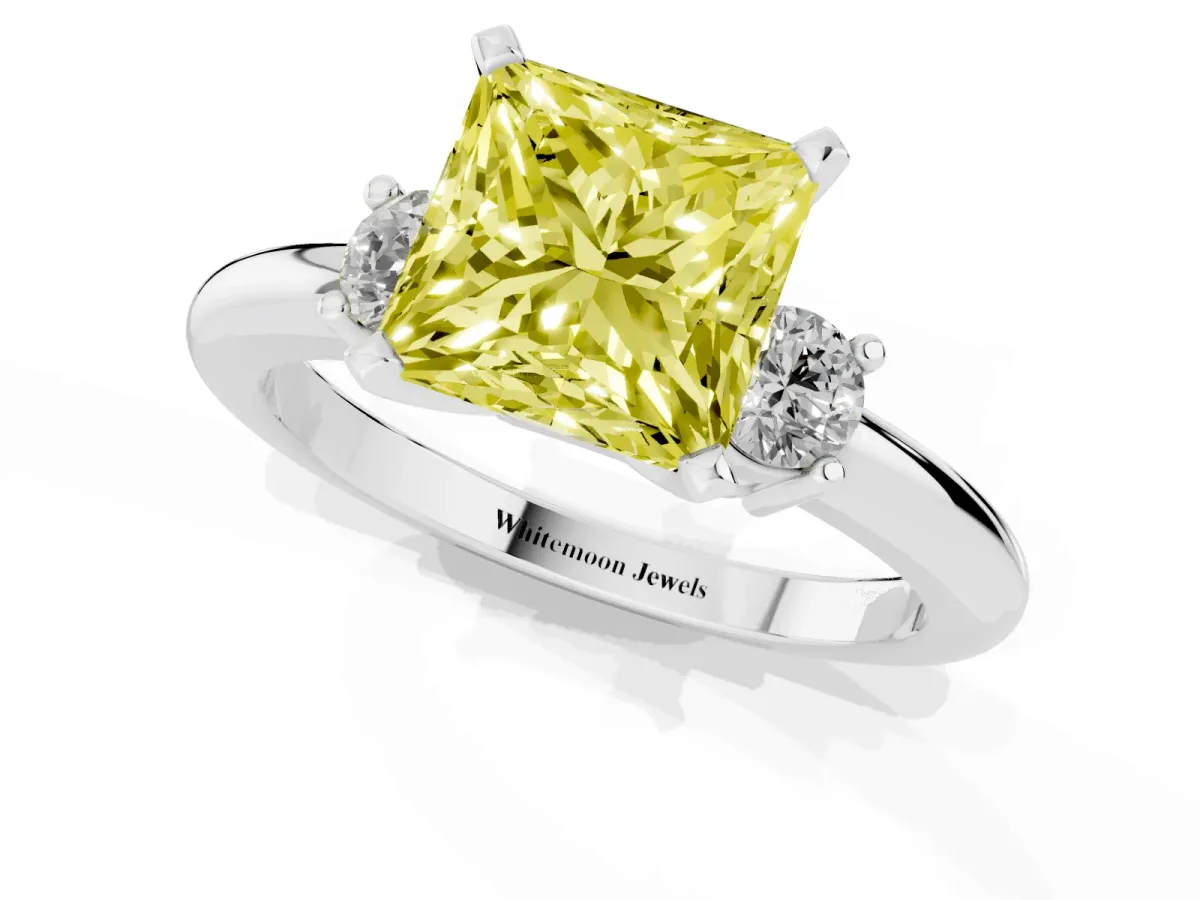 Fancy Yellow Three-Stone Princess Cut Cut Diamond Solitaire with Prong Setting and Classic Band Platinum
