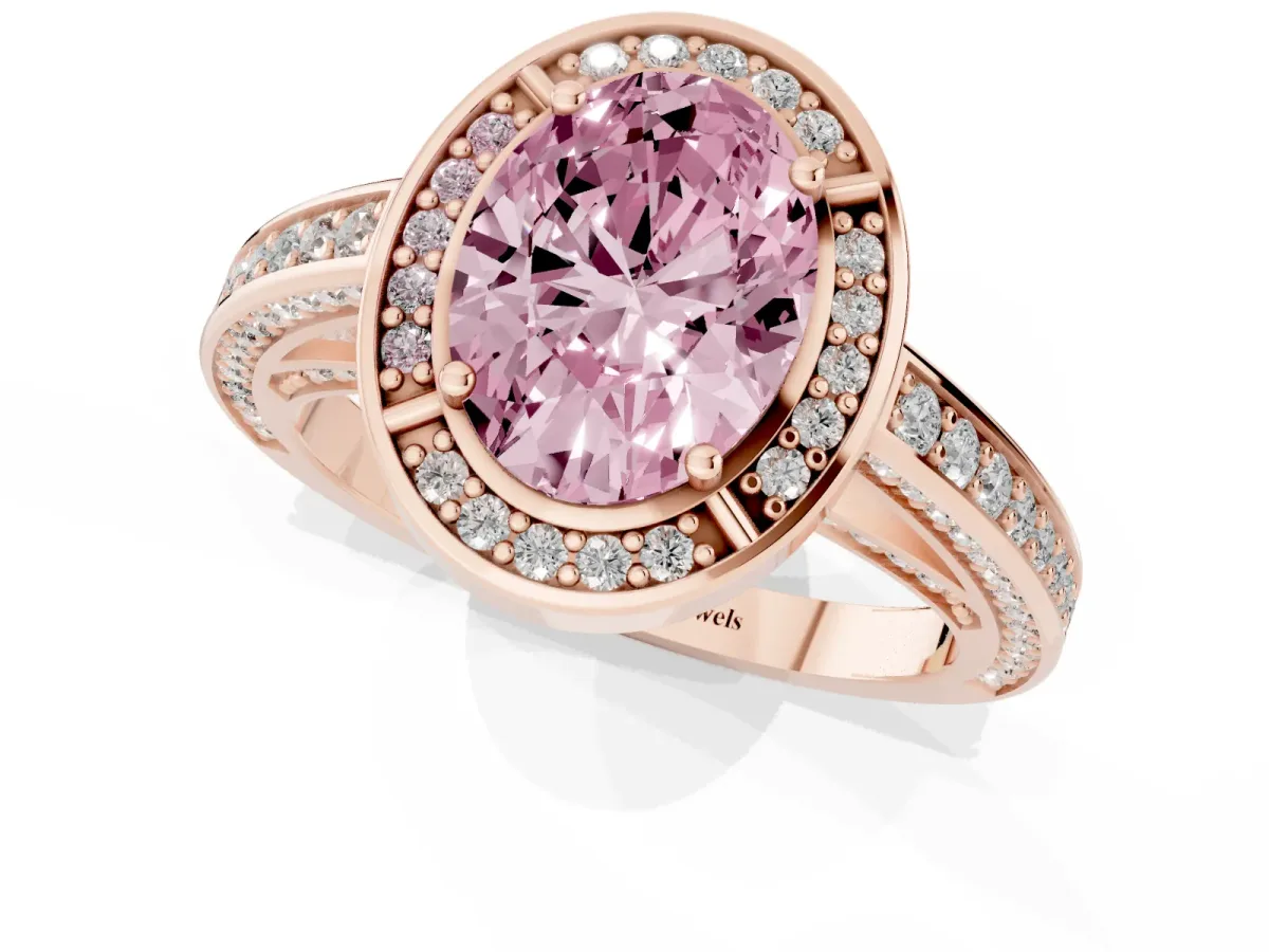 Fancy Pink Oval Cut Cut Halo Pave Split Shank Prong Setting Ring Rose gold