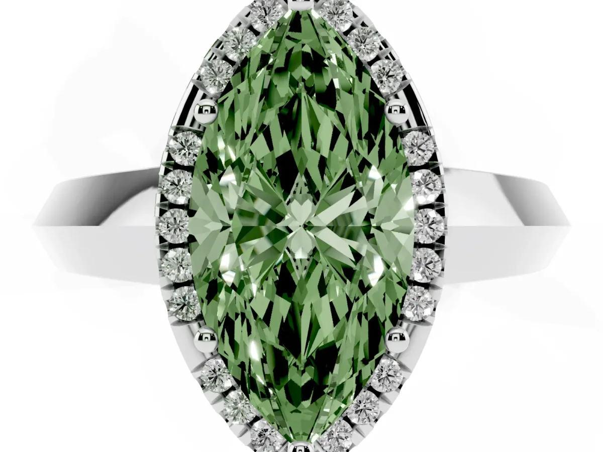 Fancy Green Marquise Cut Halo Diamond Ring with Cathedral Band and Four-Prong Setting Platinum