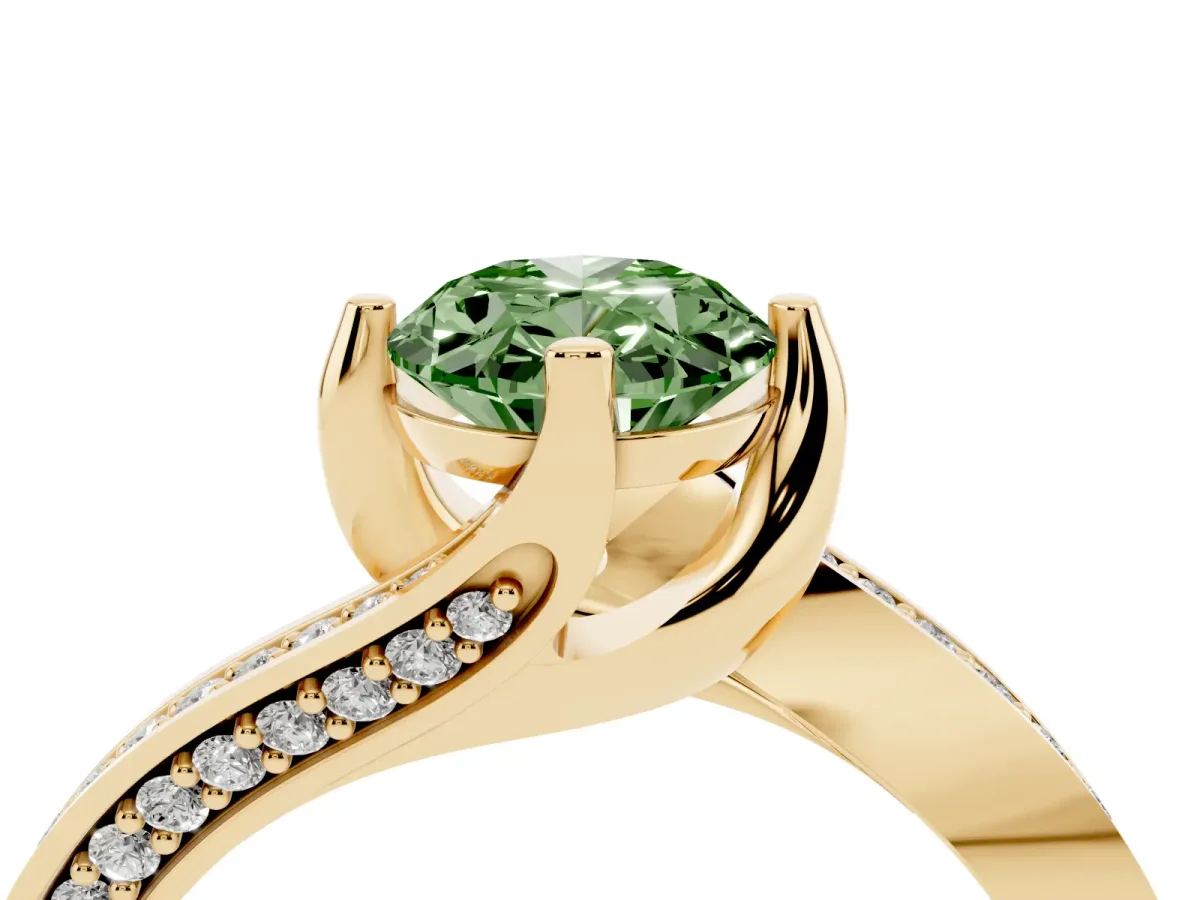 Fancy Green Oval Cut Solitaire Diamond Twist Band with Pavé Setting and Four-Prong Setting Yellow gold