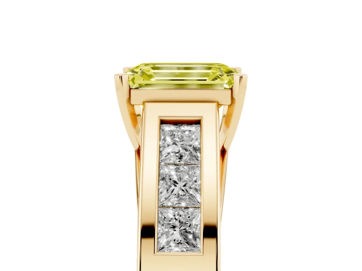Fancy Yellow Emerald Cut Cut Channel Set Solitaire Ring with Four-Prong Setting Yellow gold