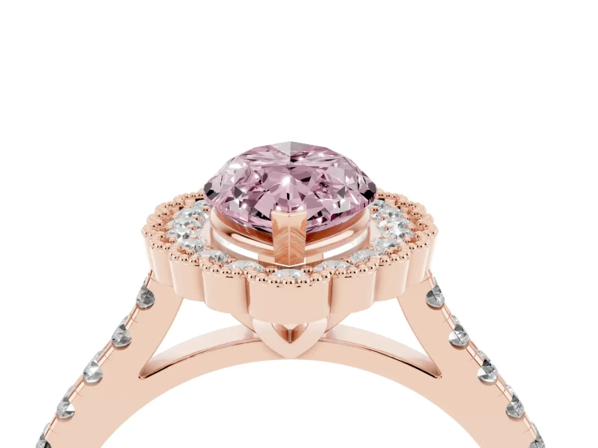 Fancy Pink Marquise Cut Cut Diamond Milgrain Floral Halo Engagement Ring with Pavé Band Rose gold