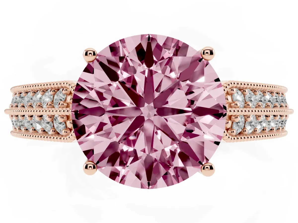 Fancy Pink Round Cut Cut Pave Split Shank Engagement Ring with Four-Prong Setting Rose gold