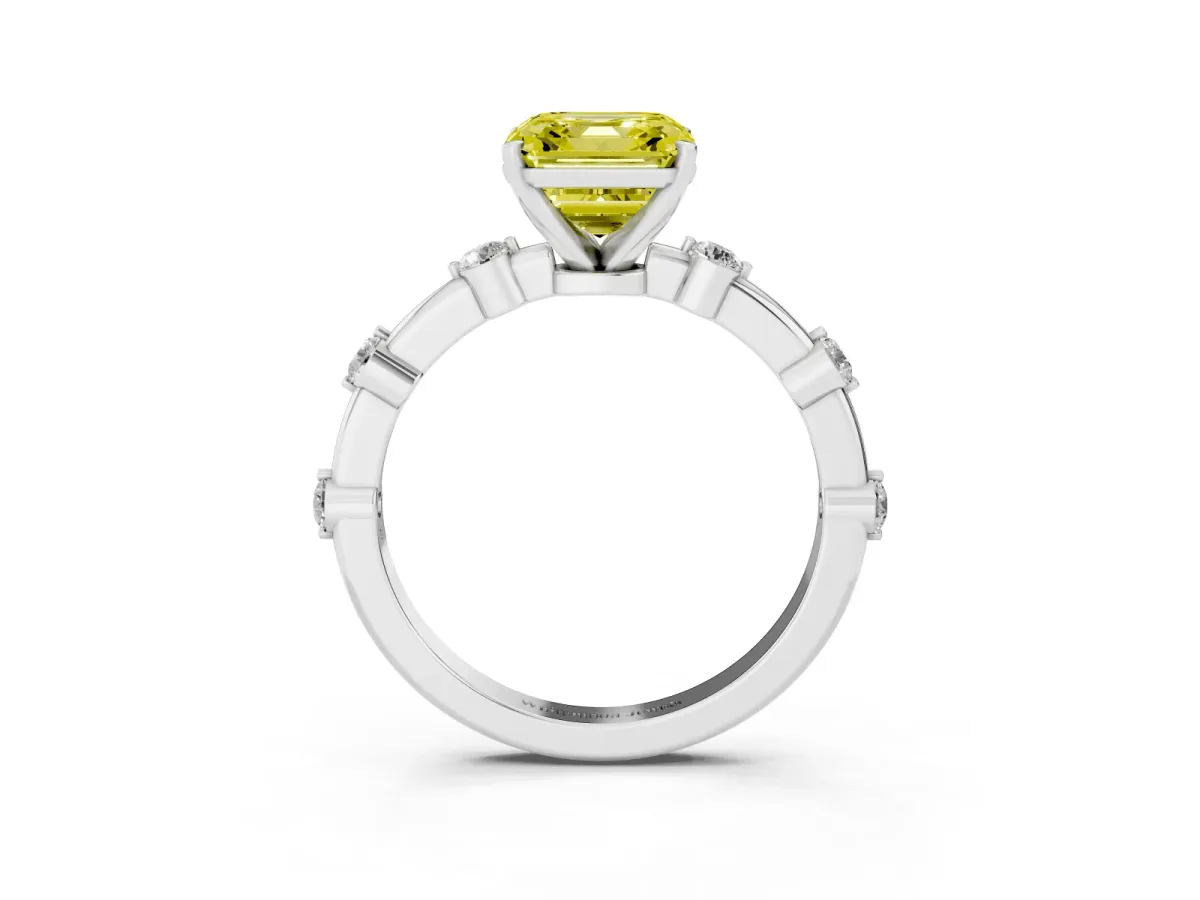 Fancy Yellow Asscher Cut Solitaire Diamond Ring with Bezel Set Side Stones and Prong Setting Silver