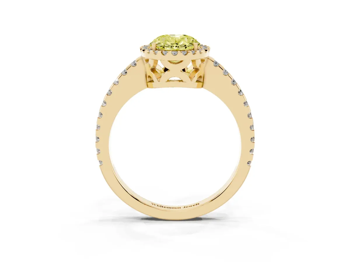 Fancy Yellow Oval Cut Diamond Halo Engagement Ring with Pavé Band and Prong Setting Yellow gold