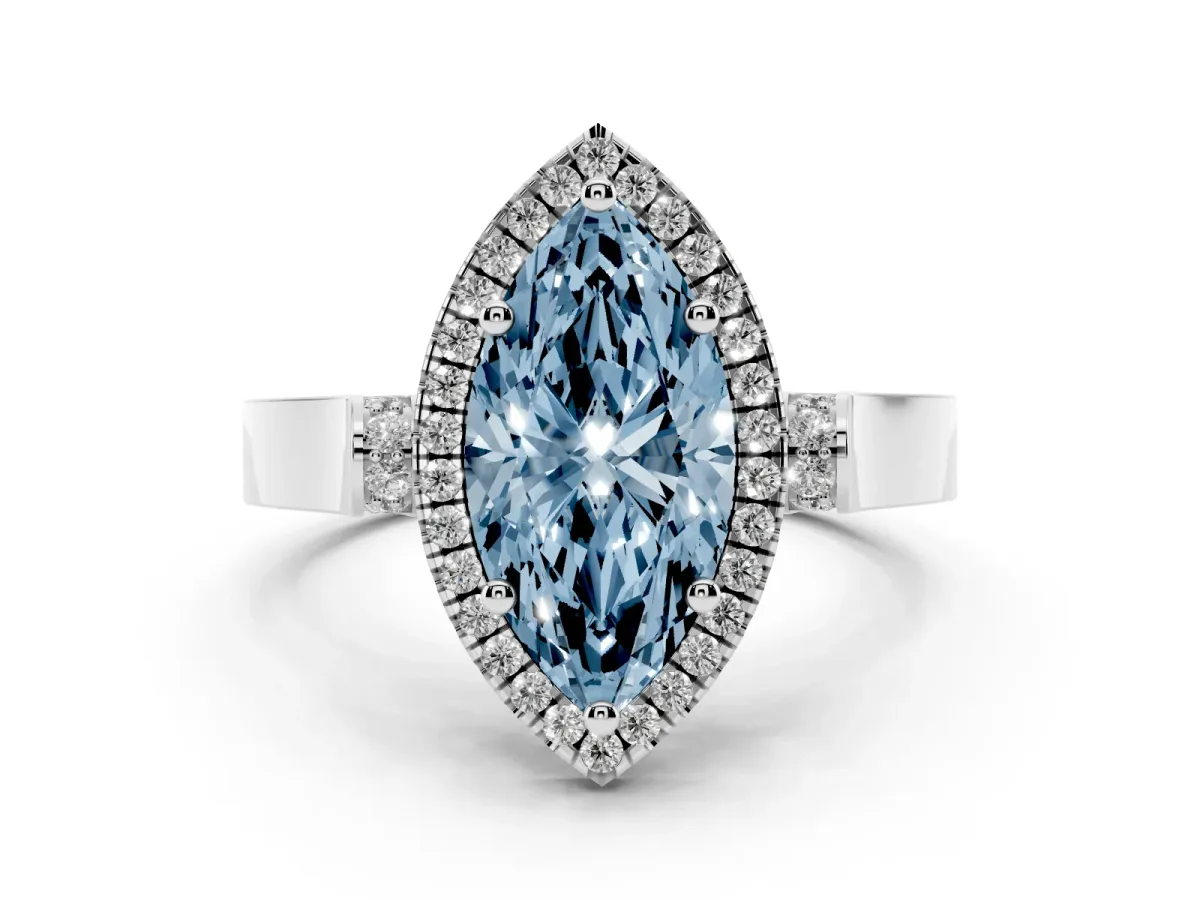Fancy Blue Marquise Cut Halo Round Diamond Twist Band with Four-Prong Setting White gold