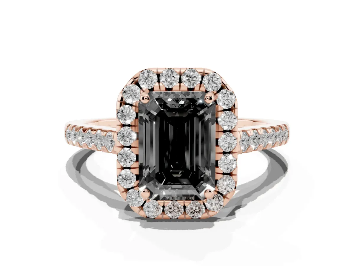 Fancy Black Emerald Cut Halo Pave Diamond Engagement Ring with Four-Prong Setting Rose gold